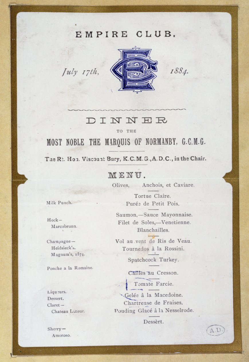 Menu Empire Clubilta, 17. maaliskuuta 1884 tekijältä English School