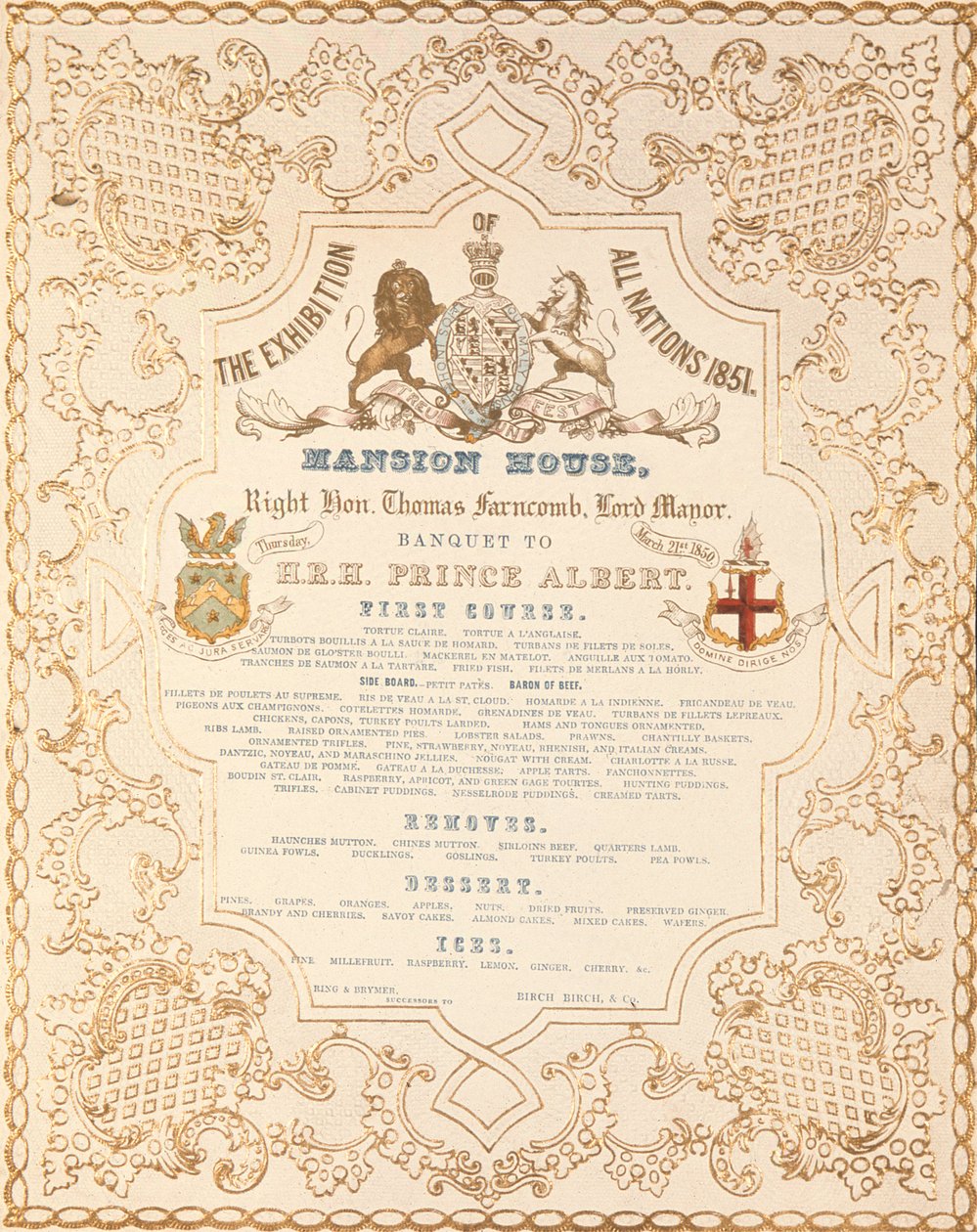 Juhlamenu prinssi Albertille Mansion Housessa kaikkien kansakuntien suuren näyttelyn kunniaksi Lontoossa, 1851 tekijältä English School