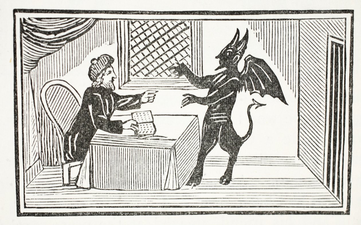 Mefistofeles tulee tohtoreiden taloon, kuvitus John Ashtonin pubista Chap-books of the Eightenth Century. 1882 tekijältä English School