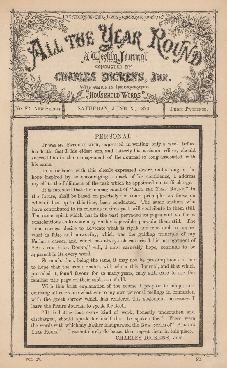 Charles Dickens Juniorin viesti viikkolehdessä All The Year Round isänsä kuoleman jälkeen. tekijältä English School