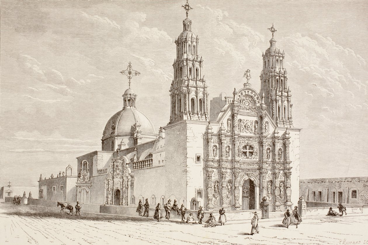 Metropolitan katedraali Plaza de Armasissa, Chihuahuassa, Meksikossa 1800-luvulla (litho) tekijältä English School