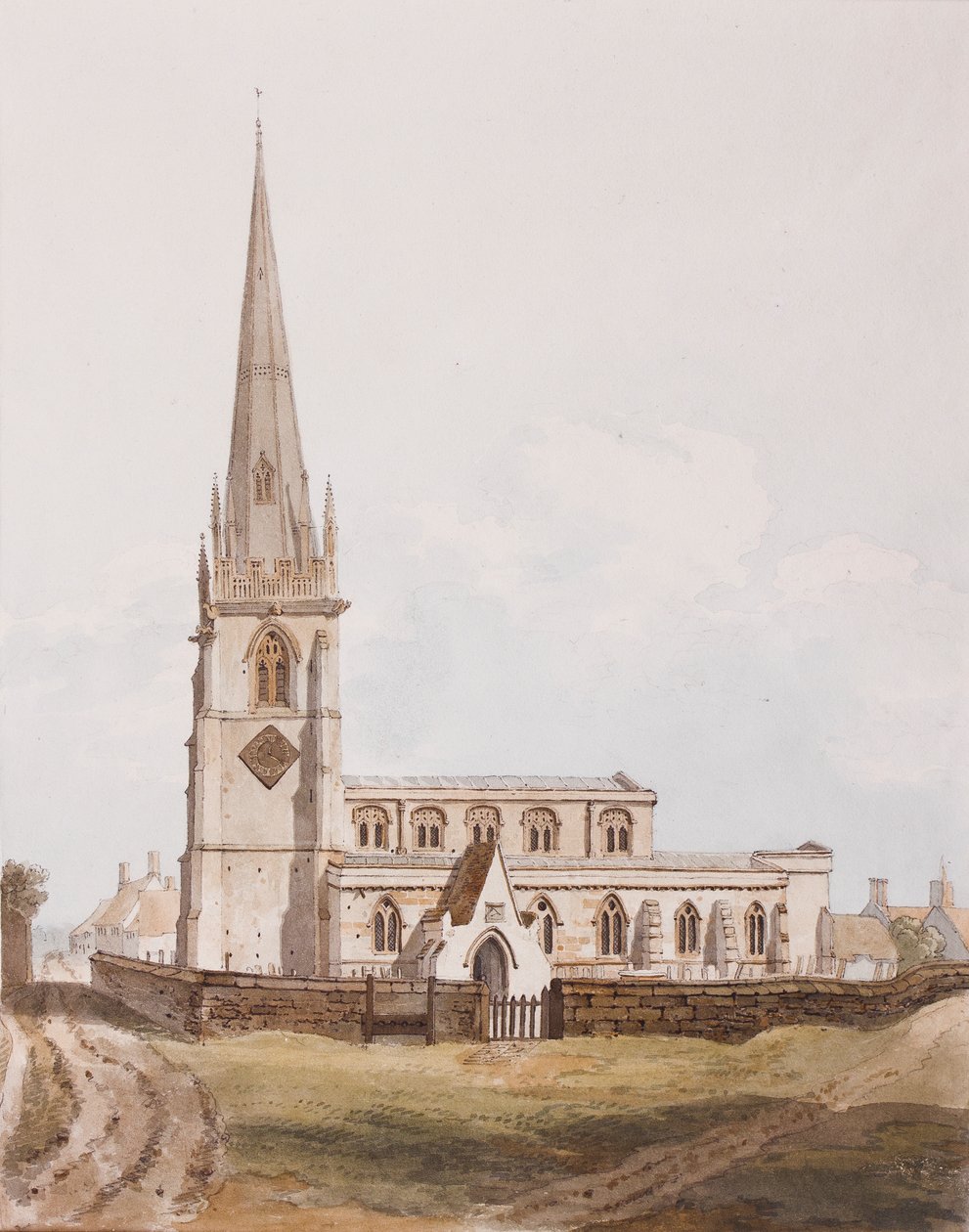 Middleton Cheney, Kirkon etelänäkymä, n. 1820 (muste ja wc paperilla) tekijältä English School