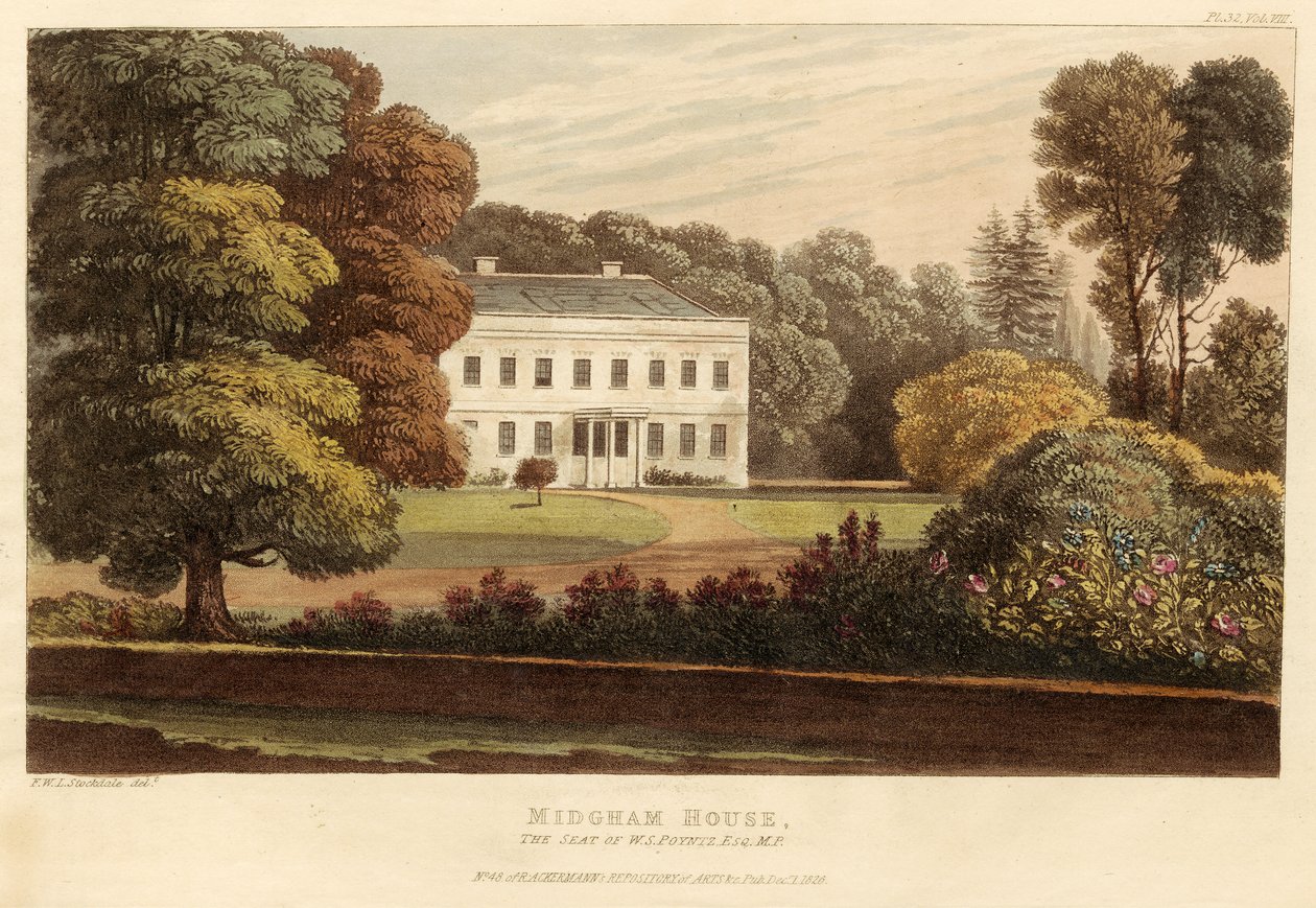 Midgham House, W.S.:n kotipaikka Poyntz, Esq., M.P., pub. 1826 (värinen kaiverrus) tekijältä English School