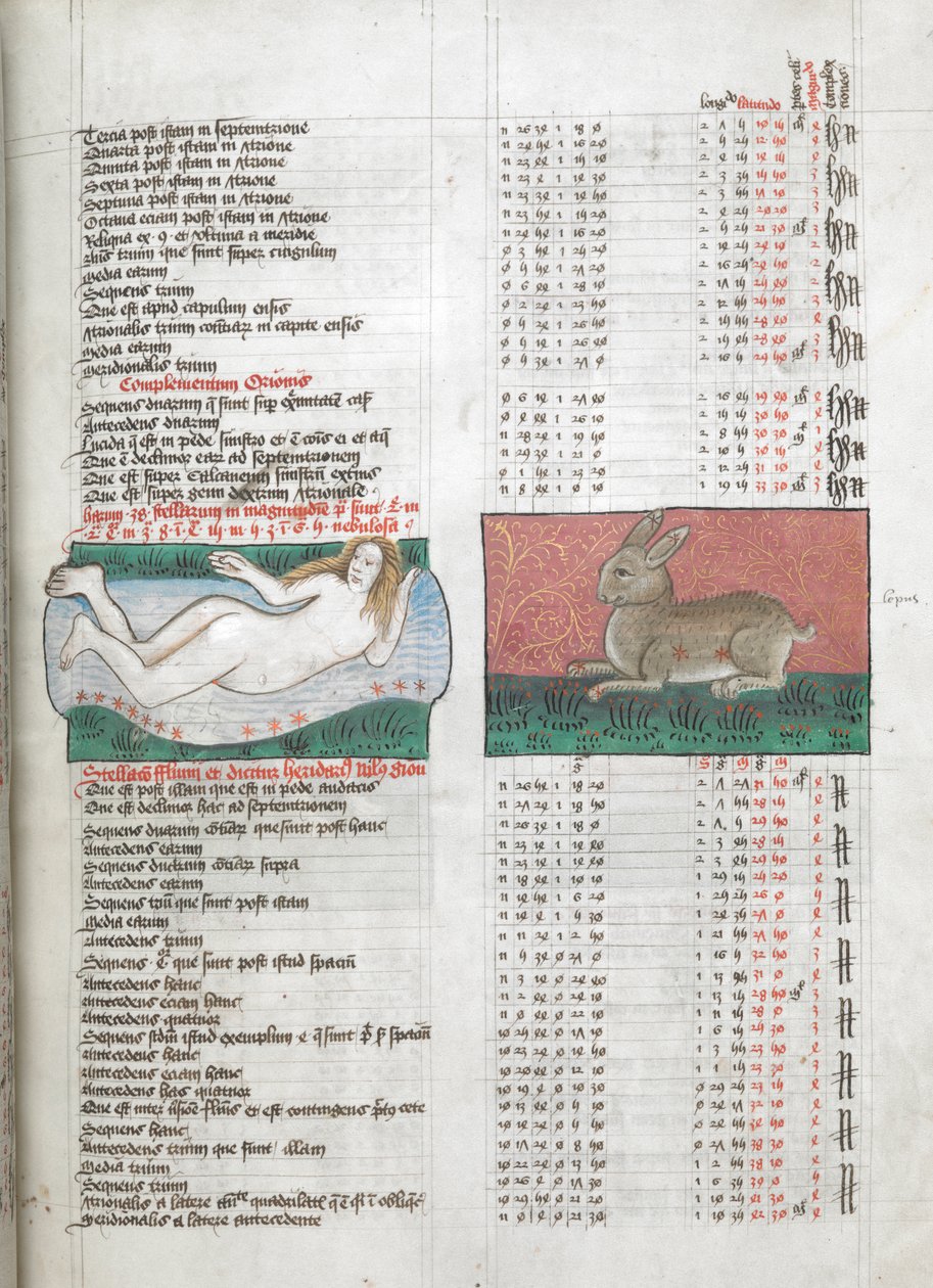 Miniatyyrit Fluviuksesta (joki), kuvattuna alastomana naisena purossa, ja Lepuksesta (Kani), taulukoissa Ptolemaioksen Almagestista, kuvitus teoksesta Liber Astronomiae, Guido Bonatti tekijältä English School