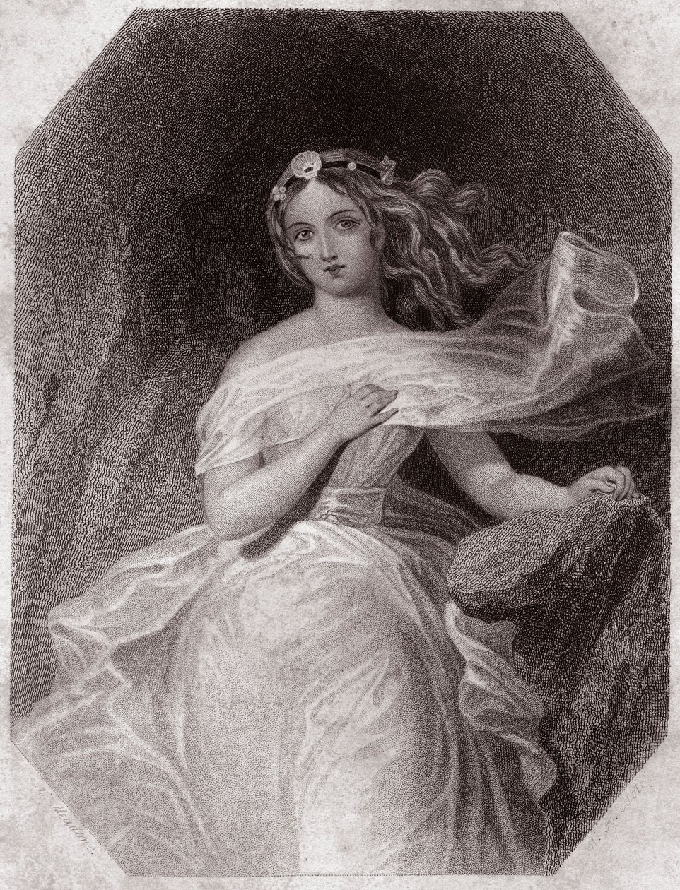 Miranda (Myrsky - La Tempete) - "" Galerie des femmes de Shakespeare, kokoelma neljäkymmentäviisi vakavaa muotokuvaa Lontoon ensimmäisiltä taiteilijoilta, rikastettuna kriittisillä ja kirjallisilla huomautuksilla""" noin 1838 - "" Naisten galleriasta Shake tekijältä English School