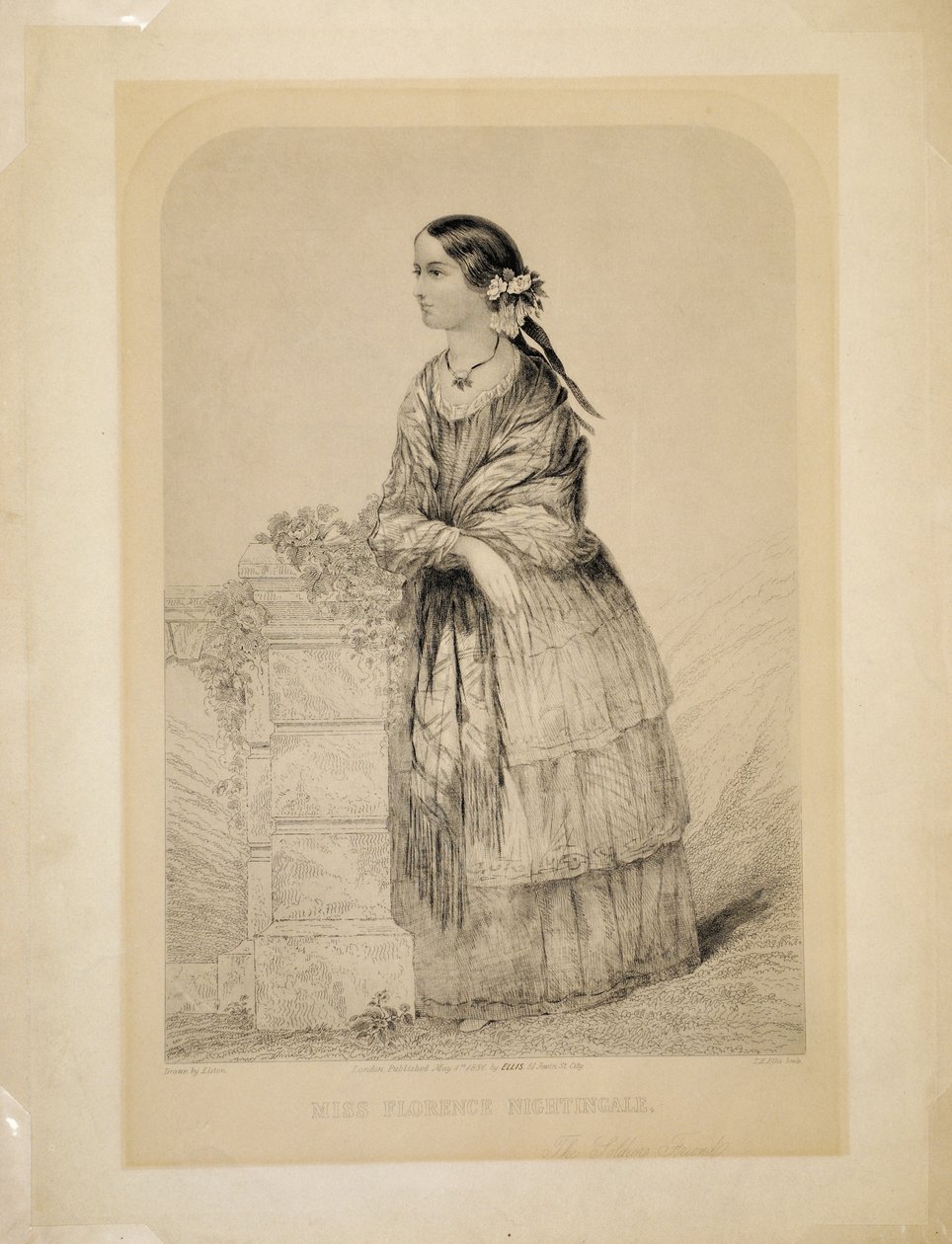 Neiti Florence Nightingale: Elstonin sotilaiden ystävä, kaiverrus T.H. Ellis, pubi. kirjoittanut Ellis, 51 Jewin Street, Lontoon kaupunki, 1. toukokuuta 1856 tekijältä English School