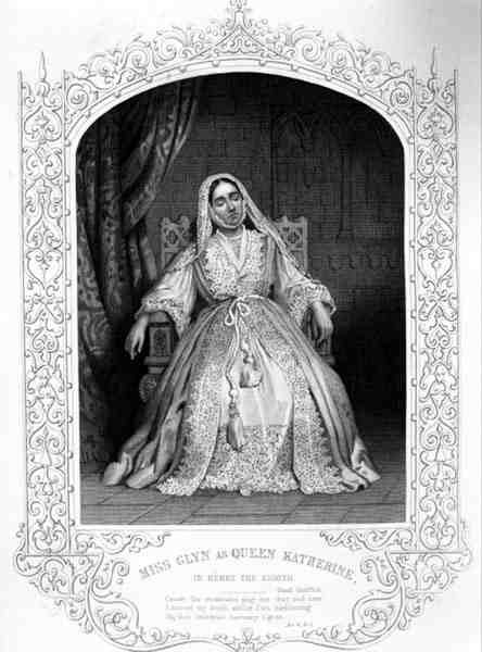 Miss Glyn kuningatar Katherinena, näytös IV kohtaus 2, William Shakespearen (1564-1616) Henry VIII tai Kaikki on totta (kaiverrus) tekijältä English School