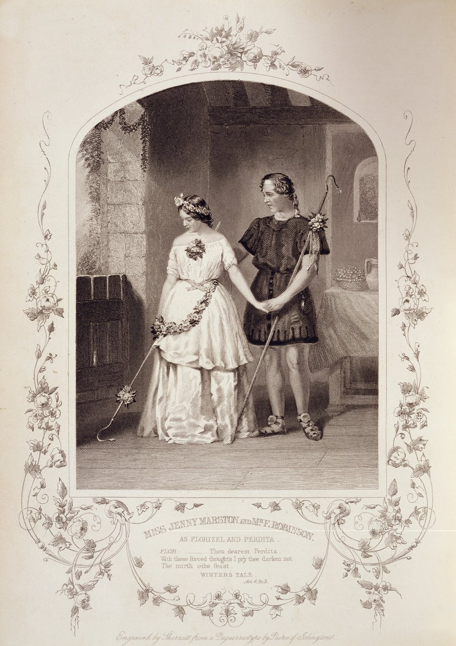 Miss Jenny Marston Perditana ja herra F. Robinson Florizelina, IV näytös 3. kohtaus William Shakespearen (1564-1616) Talvien tarinassa, jonka Thomas Sherratt (fl.1860-80) kaivertaa Pa:n dagerrotypiaan tekijältä English School
