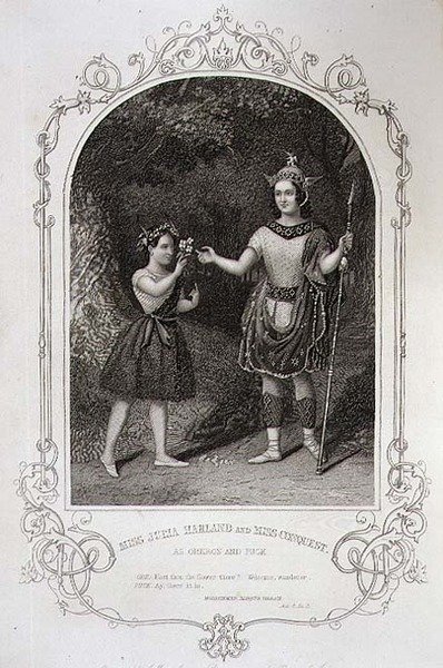 Miss Julia Harland ja Miss Conquest Oberonina ja Puckina, Kesäyön unelman II näytös 2. kohtaus, Paine of Islingtonin dagerrotypiasta, kaiverrettu J. Moore, pub. Kirjailija: John Tallis & Co. (litho) tekijältä English School