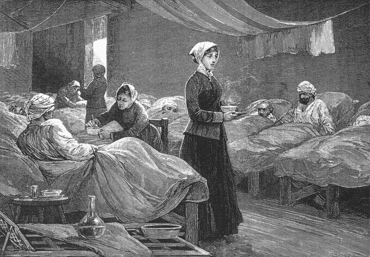 Miss Nightingale Scutarin kasarmisairaalassa, n. 1880 (puukaiverrus) tekijältä English School