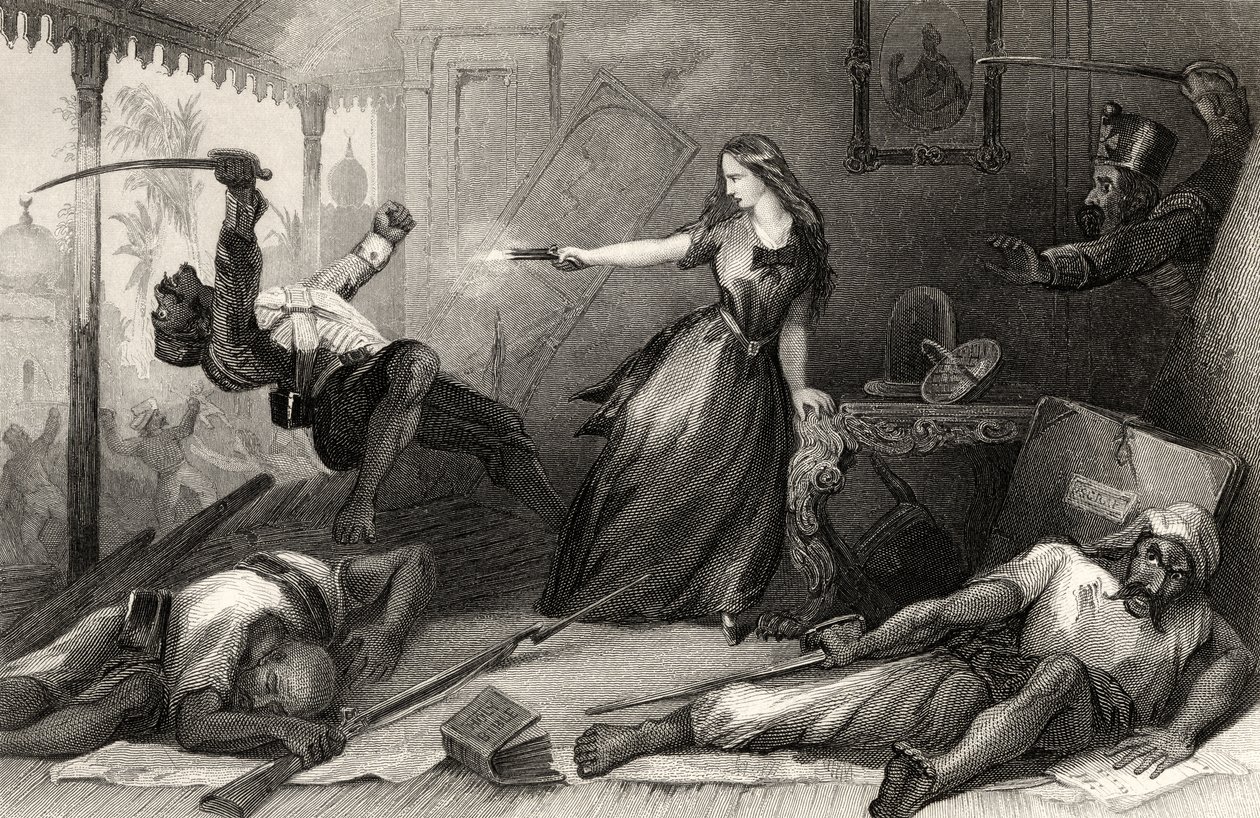 Miss Wheeler puolustaa itseään Sepoysia vastaan Cawnporessa vuonna 1857, vuonna 1858 julkaistusta "Intian kapinan historiasta" (kaiverrus) tekijältä English School