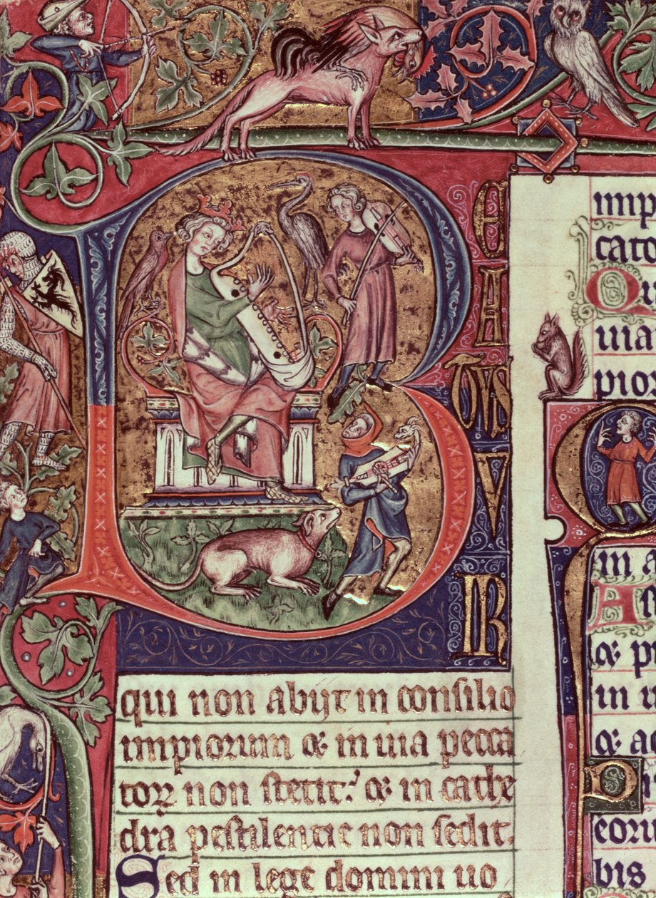 Mms 9961-2 Historioitu alkukirjain B Peterborough Psalterista, jossa kuningas Daavidia soittaa harppua, englanti, (n. 1310-20) tekijältä English School