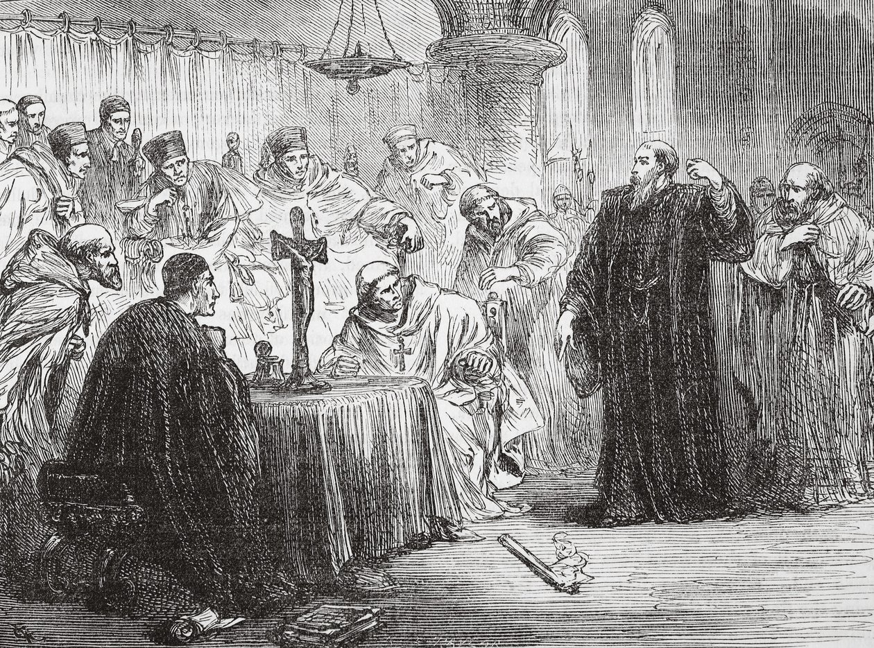 Mollio heittää soihtunsa alas inkvisition edessä, kuvitus James Aitken Wylien (1808-1890) Protestantismin historiasta, pub. 1878 tekijältä English School