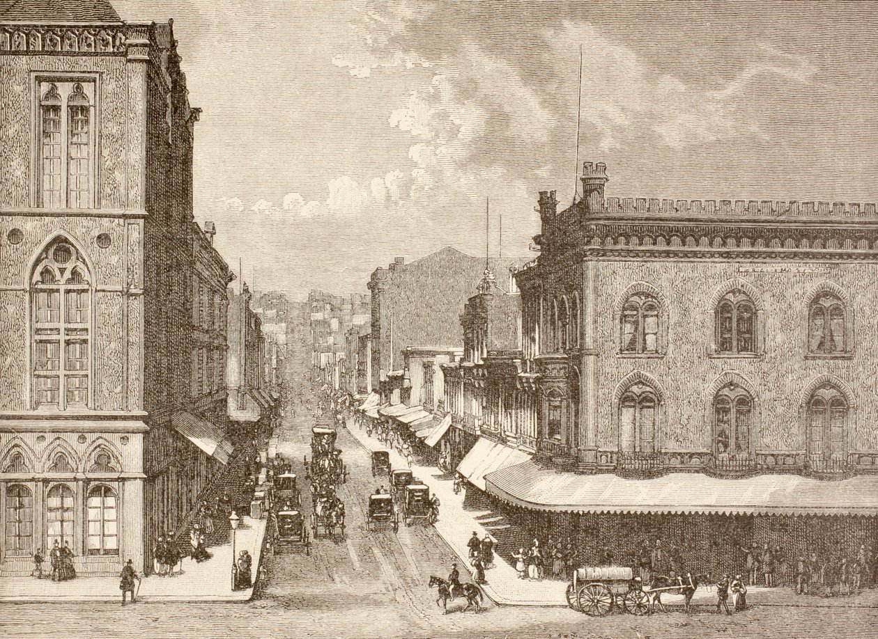 Montgomery Street, San Francisco 1880-luvulla (litho) tekijältä English School