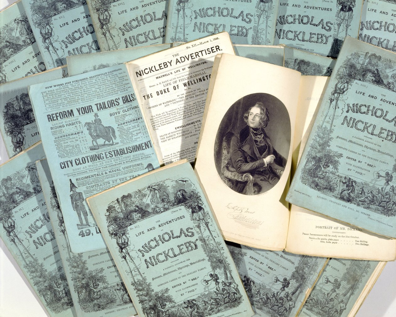 Charles Dickensin (1812-70) Nicholas Nicklebyn elämän ja seikkailujen kuukausijulkaisut, julkaistu vuonna 1839 (katso 136076) tekijältä English School