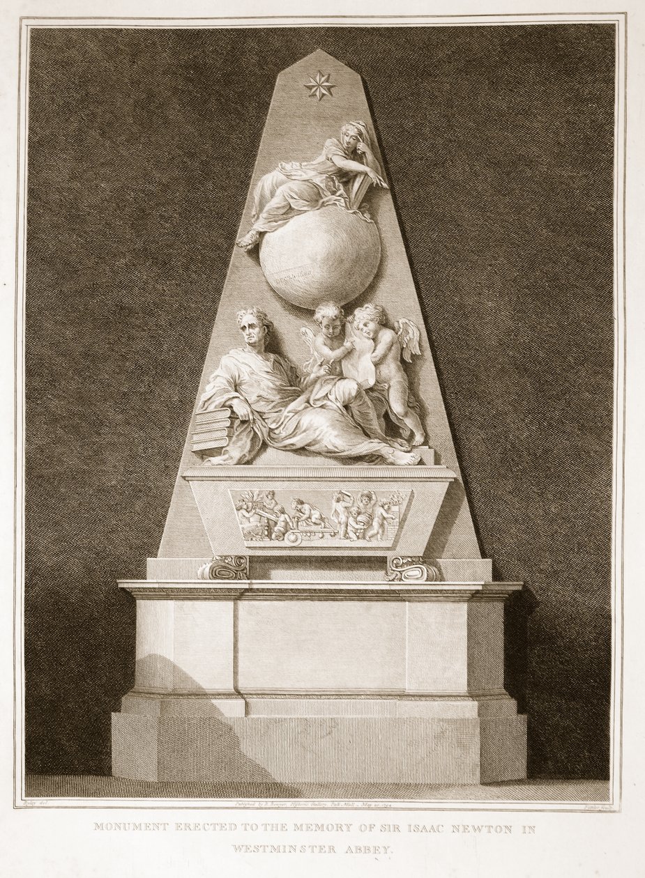 Sir Isaac Newtonin muistolle Westminster Abbeyssä pystytetty monumentti, David Humesin kuvitus Englannin historia, pub. R. Bowyer, Lontoo, 1812 tekijältä English School
