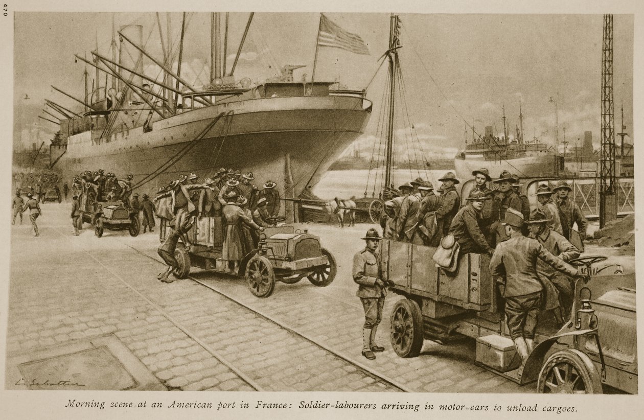 Aamukohtaus amerikkalaisessa satamassa Ranskassa: Sotilaat saapuvat autoilla purkamaan rahtia, 1914-1919 tekijältä English School