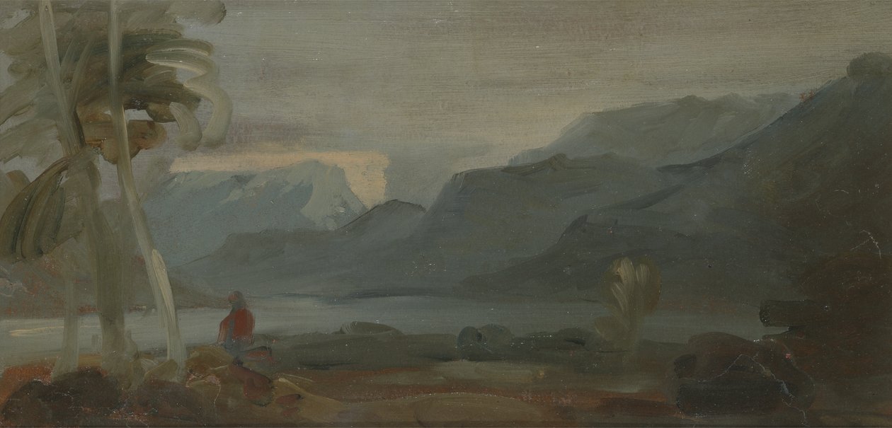 Vuoristoinen maisema, jossa on hahmoja ja karjaa, aiemmin J.M.W. Turner (1775-1851) ja myös Peter de Wint (1784-1849), 1806-07 (öljy paperille) tekijältä English School