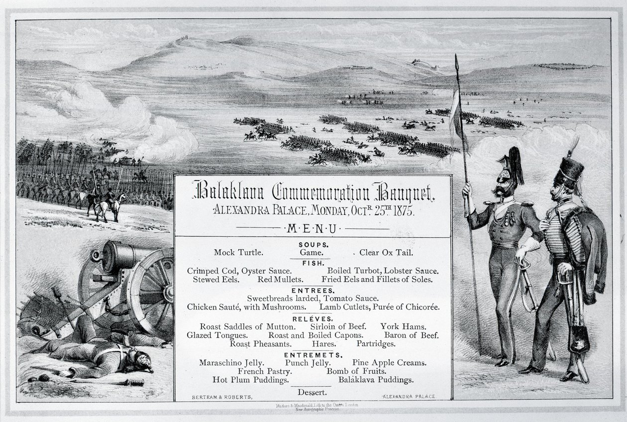 Asennettu kuvitettu menu Balaklava-juhlajuhlille, jotka pidettiin Alexandra Palacessa 25. lokakuuta 1875 (kaiverrus) tekijältä English School