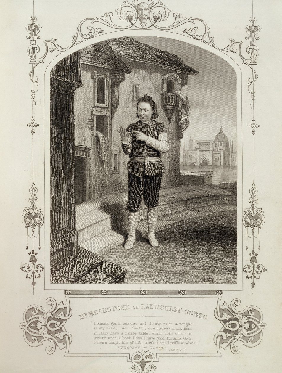 Herra Buckstone Lancelot Gobbon roolissa, II näytös, kohtaus 2, William Shakespearen (1564-1616) Venetsian kauppias tekijältä English School