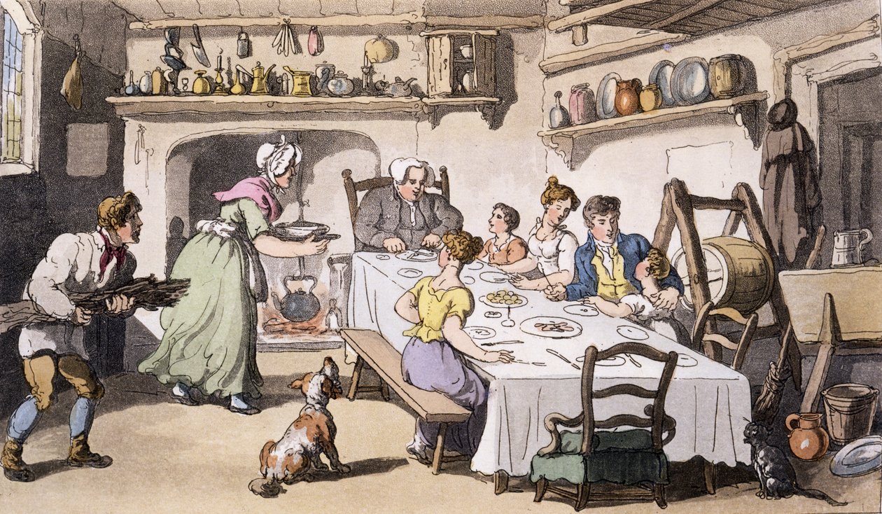 Herra Burchells ensimmäinen vierailu, pub. Ackermanns Repository of Arts, Lontoo, 1817 (käsinvärinen kaiverrus) tekijältä English School