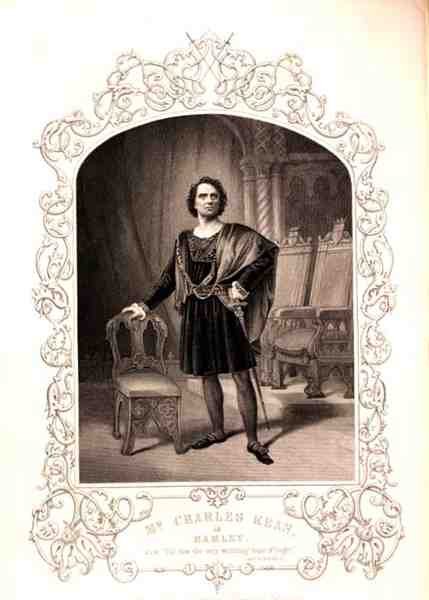 Mr Charles Kean Hamletina, näytös III kohtaus 2, William Shakespearen (1564-1616) näytelmässä Paine of Islingtonin dagerrotypiasta (kaiverrus) tekijältä English School