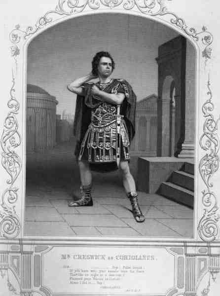 Mr Creswick Coriolanuksena, V näytös, kohtaus 5, William Shakespearen (1564-1616) näytelmässä (kaiverrus) tekijältä English School