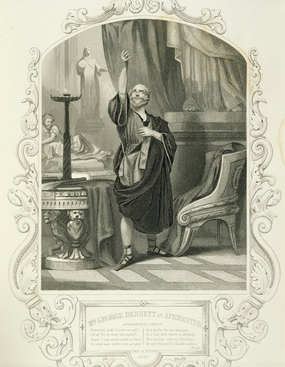 Mr George Bennett Apemantuksena, näytös I kohtaus 2, William Shakespearen Timon of Ateena (1564-1616) tekijältä English School