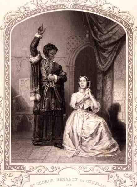 George Bennett Othellona ja Jane Bennett Desdemonana, näytöksen IV kohtaus 2, William Shakespearen (1564-1616) teoksessa Othello (kaiverrus). tekijältä English School