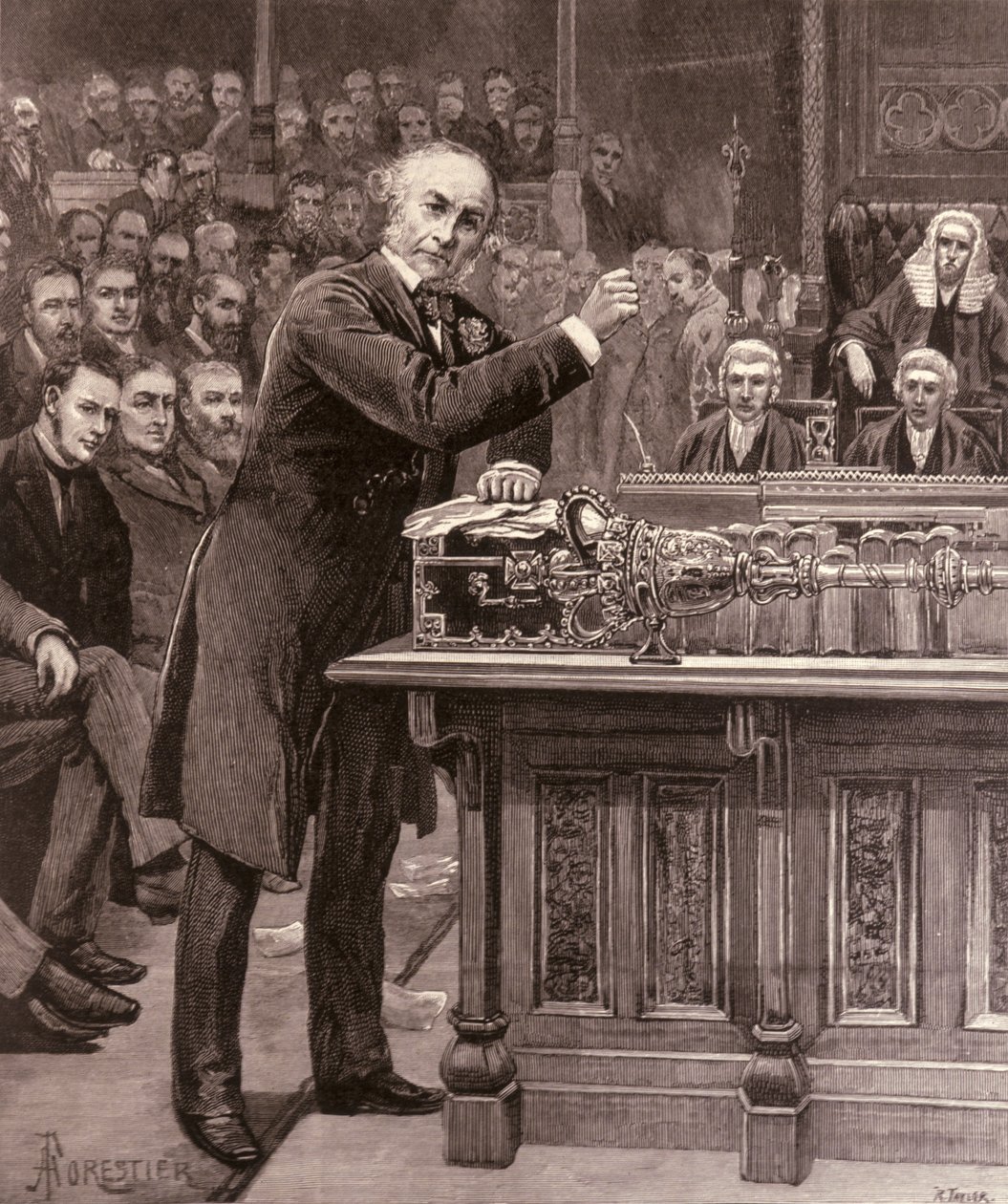 Mr. Gladstone selittää alahuoneelle Irlannin hallituksen suunnitelmaansa, "The Illustrated London News", 17. huhtikuuta 1886 tekijältä English School