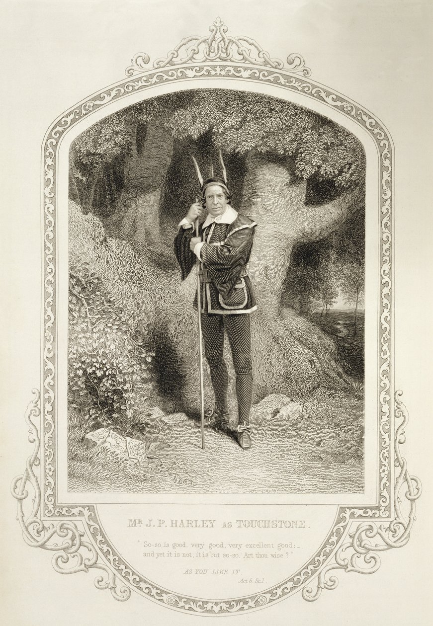 Mr J.P. Harley kosketuskivenä, näytös V, kohtaus 1, William Shakespearen (1564-1616) teoksessa Kuten pidät, George Hollisin (1792-1842) kaivertama J.P. Mayallin (1810-1901) dagerrotypiaan tekijältä English School