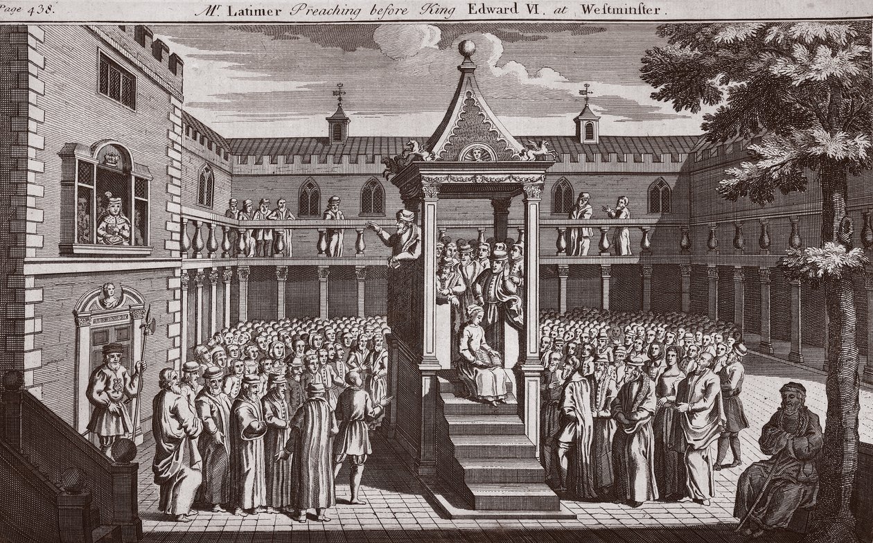 Herra Latimer saarnaa kuningas Edward VI:n edessä Westminsterissä, kuva Foxes Martyrsista n. 1703 tekijältä English School