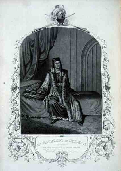 Herra Macready Henrik IV:nä, näytös III kohtaus 1, William Shakespearen (1564-1616) teoksessa Henrik IV (kaiverrus). tekijältä English School
