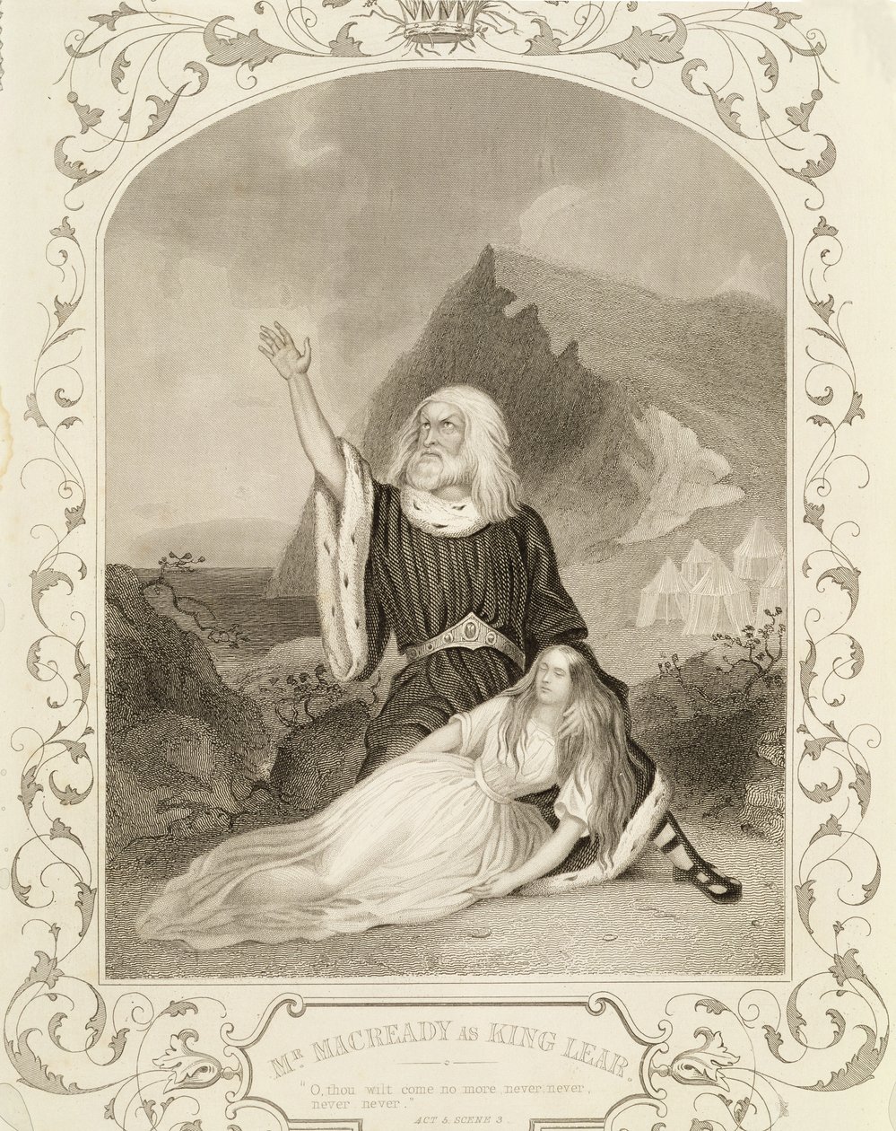 Herra Macready kuningas Learin roolissa, näytös V, kohtaus 3, William Shakespearen (1564-1616) näytelmässä tekijältä English School