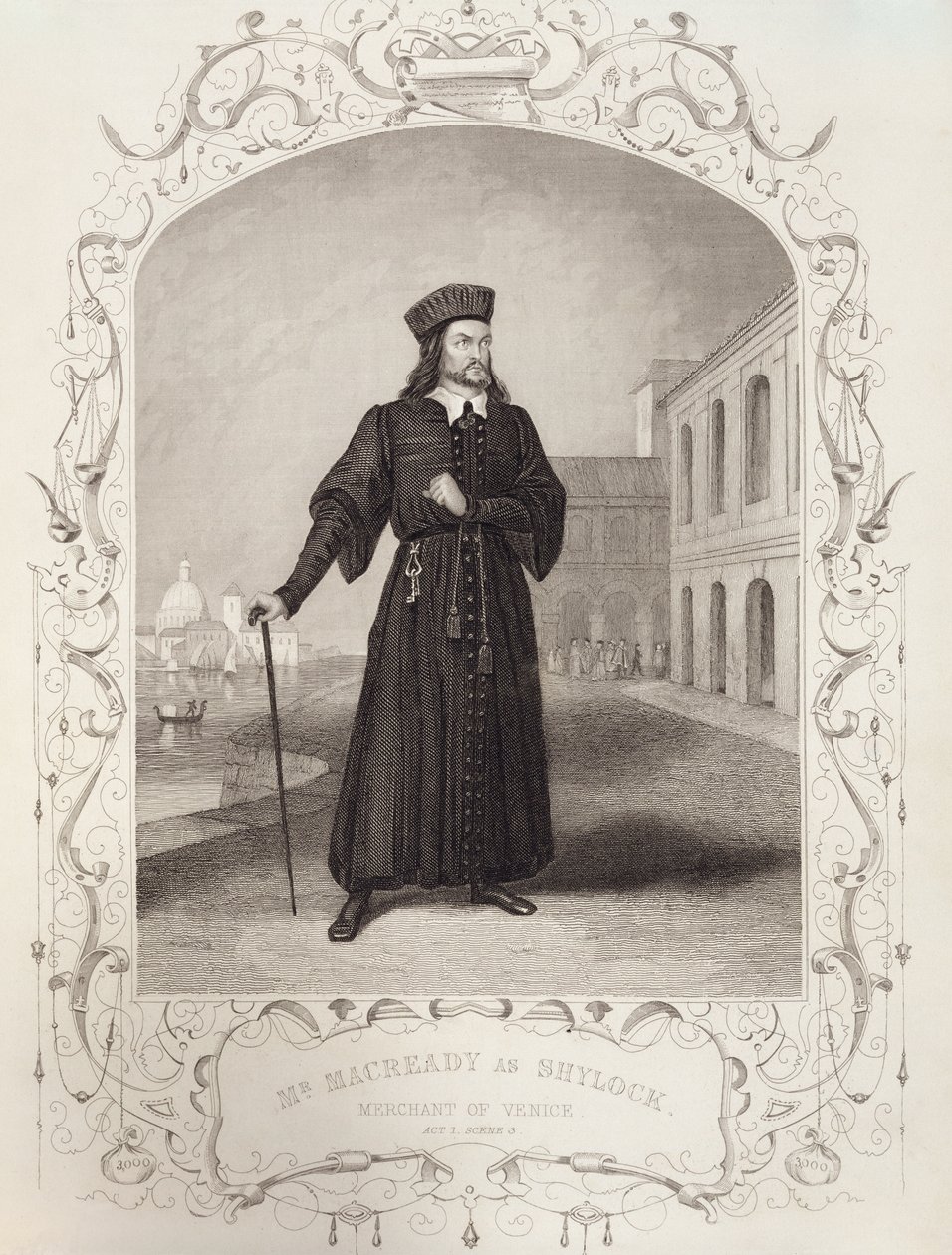 Mr Macready Shylockina, näytös I kohtaus 3, William Shakespearen (1564-1616) Venetsian kauppias tekijältä English School