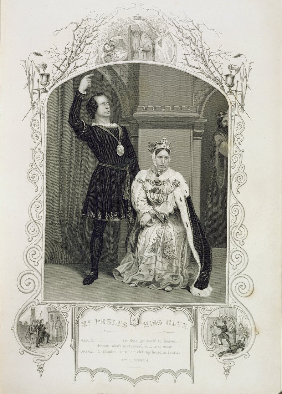 Herra Phelps Hamletina ja neiti Glyn kuningatar Gertrudena, näytöksen III kohtaus 4, William Shakespearen (1564-1616) Hamletissa tekijältä English School