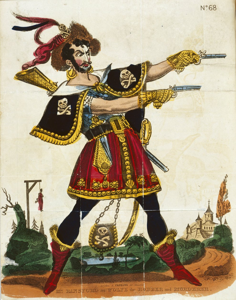 Mr Ransford Wolfen ryöstäjänä ja murhaajana, etukappale teoksesta "Wolfen ihana elämä...", jonka on julkaissut Fairburn, Lontoo, n. 1830 (värilitho) tekijältä English School