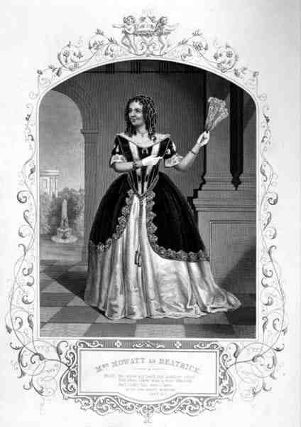 Rouva Mowatt Beatricen roolissa, II näytös, kohtaus 1, William Shakespearen (1564-1616) elokuvassa Paljon melua tyhjästä Paine of Islingtonin daguerrotypiasta (kaiverrus) tekijältä English School