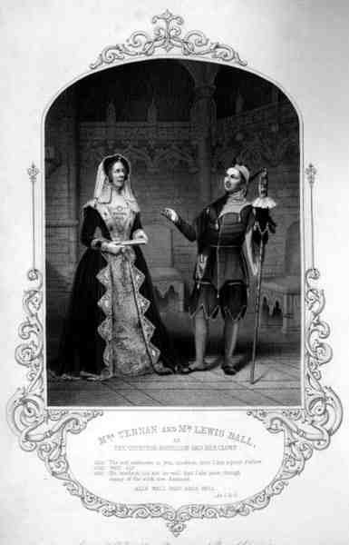 Rouva Ternan kreivitär Roussillonina ja herra Lewis Ball hänen klovninsa, näytöksen I kohtaus 3, William Shakespearen (1564-1616) teoksessa Kaikki hyvin, mikä päättyy hyvin, D. Poundin kaivertama Paine of Islingtonin daguerreotypista (kaiverrus) tekijältä English School