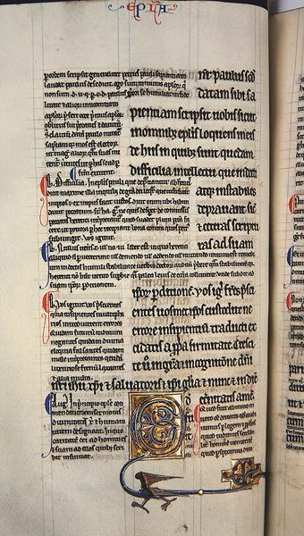 Ms.27, f.117v: Sivu Uuden testamentin kiillotetusta kopiosta (pergamentti). tekijältä English School