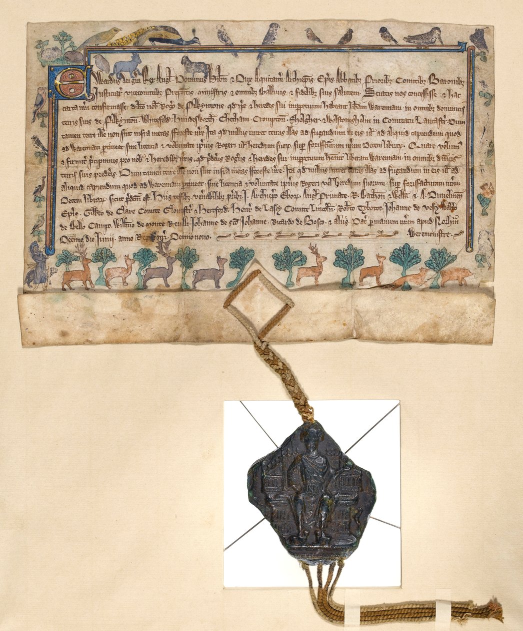 Ms.46-1980 Free Warren Charter, Edward I myönsi pelioikeudet Roger de Pilkingtonille, n. 1291 tekijältä English School