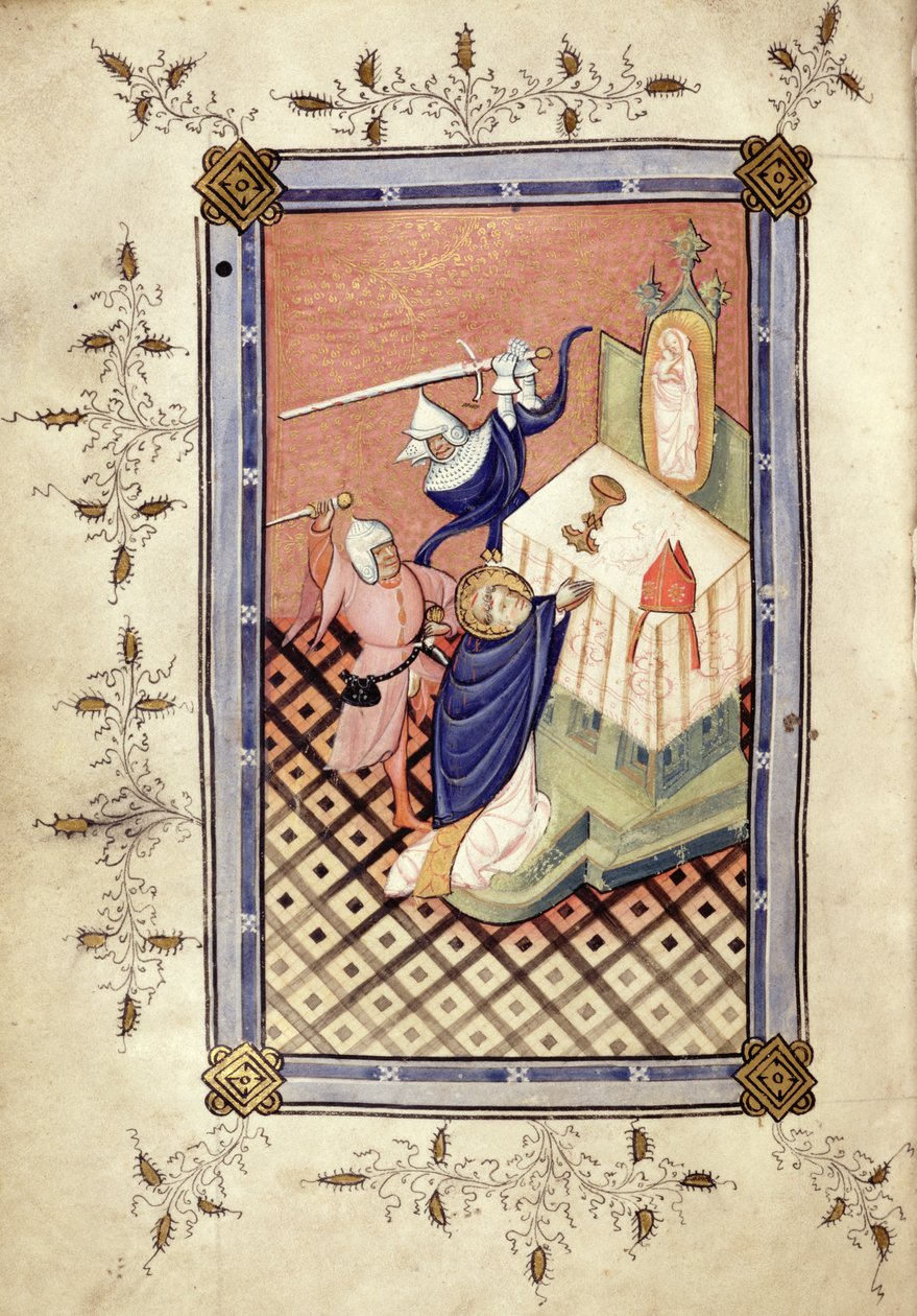 Ms.49 f.18v St. Thomas of Canterbury (n. 1118–1170), jota vastaan Two Knights hyökkäsi, Horae, n. 1420–30 tekijältä English School