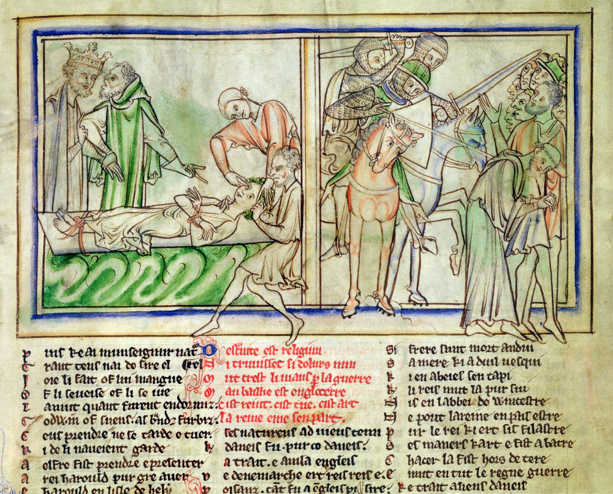 Ms.Ee.3.59 fol.6r Harald Harefoot valvoo Aluredin kidutusta ja Englannin kansan sortoa, Pyhän Edward Tunnustajan elämästä, n. 1250-1260 tekijältä English School