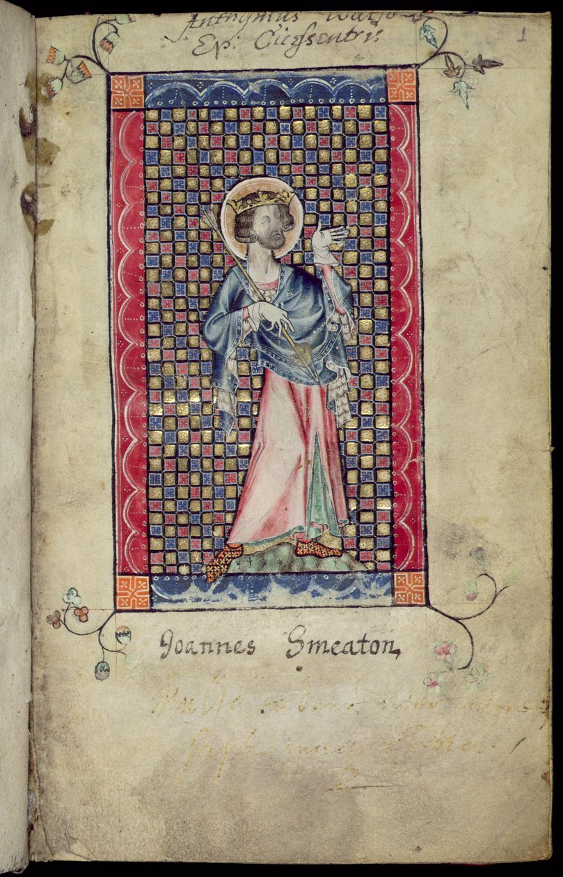 Ms 1-2005, f.1r: St. Edmund, miniatyyri Macclesfield Psalterista, Use of Sarum, East Anglia, n. 1330 tekijältä English School