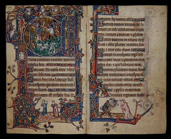 Ms 1-2005, ff.139v-140r: Ilmoitus paimenille, historiallinen alkukirjain "A" Macclesfield Psalterista, Use of Sarum, East Anglia, n. 1330 (vellum) tekijältä English School