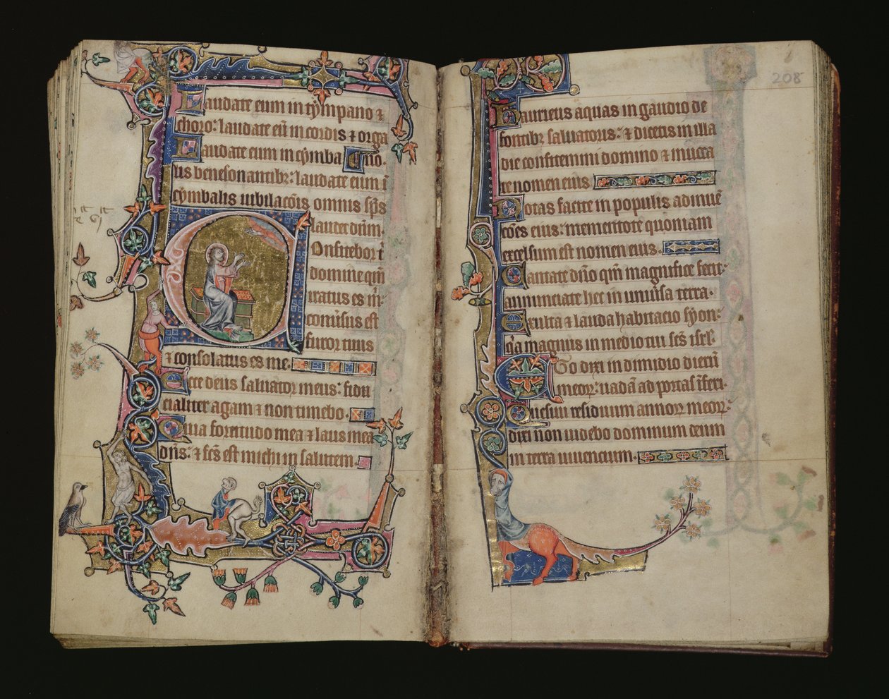 Ms 1-2005, ff.207v-208r: Jesaja rukoilee, historiallinen alkukirja Macclesfield Psalterista, Use of Sarum, East Anglia, n. 1330 tekijältä English School