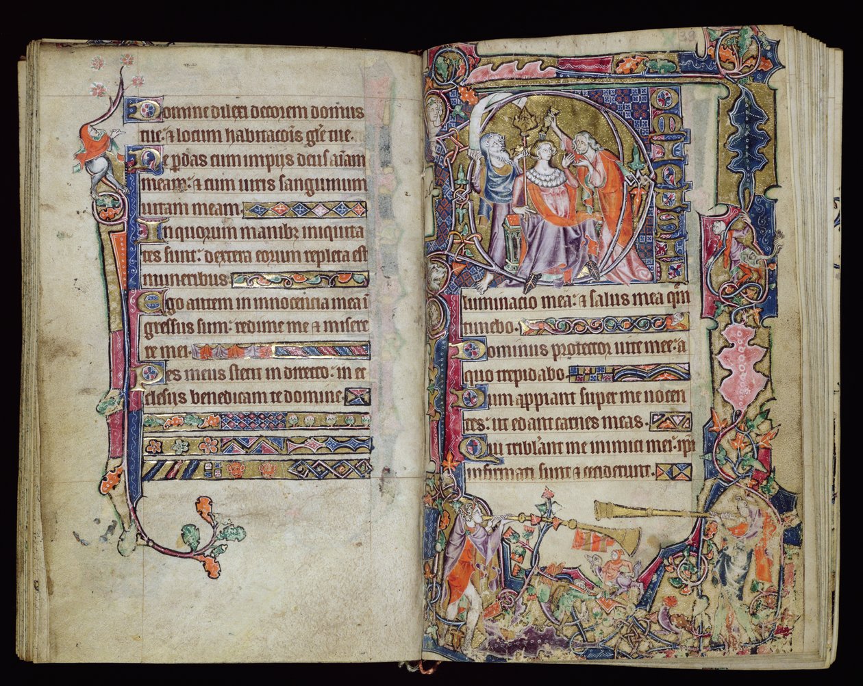 Ms 1-2005, ff.38v-39r: Daavidin voitelu, historiallinen D-alkukirja Macclesfield Psalterista, Use of Sarum, East Anglia, n. 1330 tekijältä English School