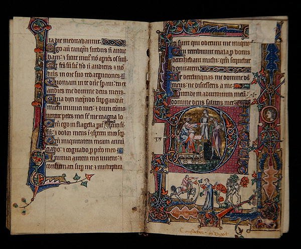Ms 1-2005, ff.57v-58r: Saul lähettää Doegin tappamaan Nobin papit, historiallinen alkukirja Macclesfield Psalterista, Use of Sarum, East Anglia, n. 1330 (vellum) tekijältä English School