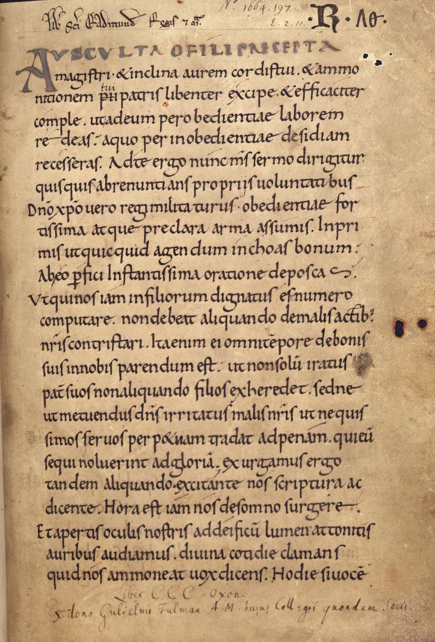 Ms. 197 f.1r Rule of St. Benedict tekijältä English School