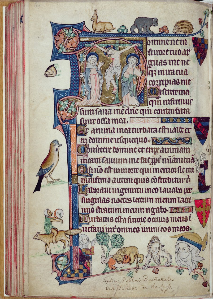 Ms 242 f.55v The Crucifixion, Packham-Clifford Hours, Use of Sarum, n. 1314-31 (lehtikulta ja tempera pergamentilla) tekijältä English School